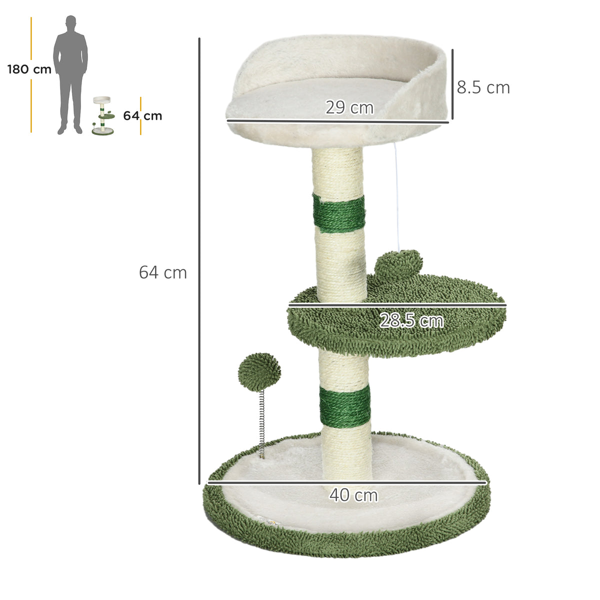Albero Tiragraffi con Lettino per Gatti, 2 Palline, Piattaforma e Palo in Sisal, Verde e Bianco