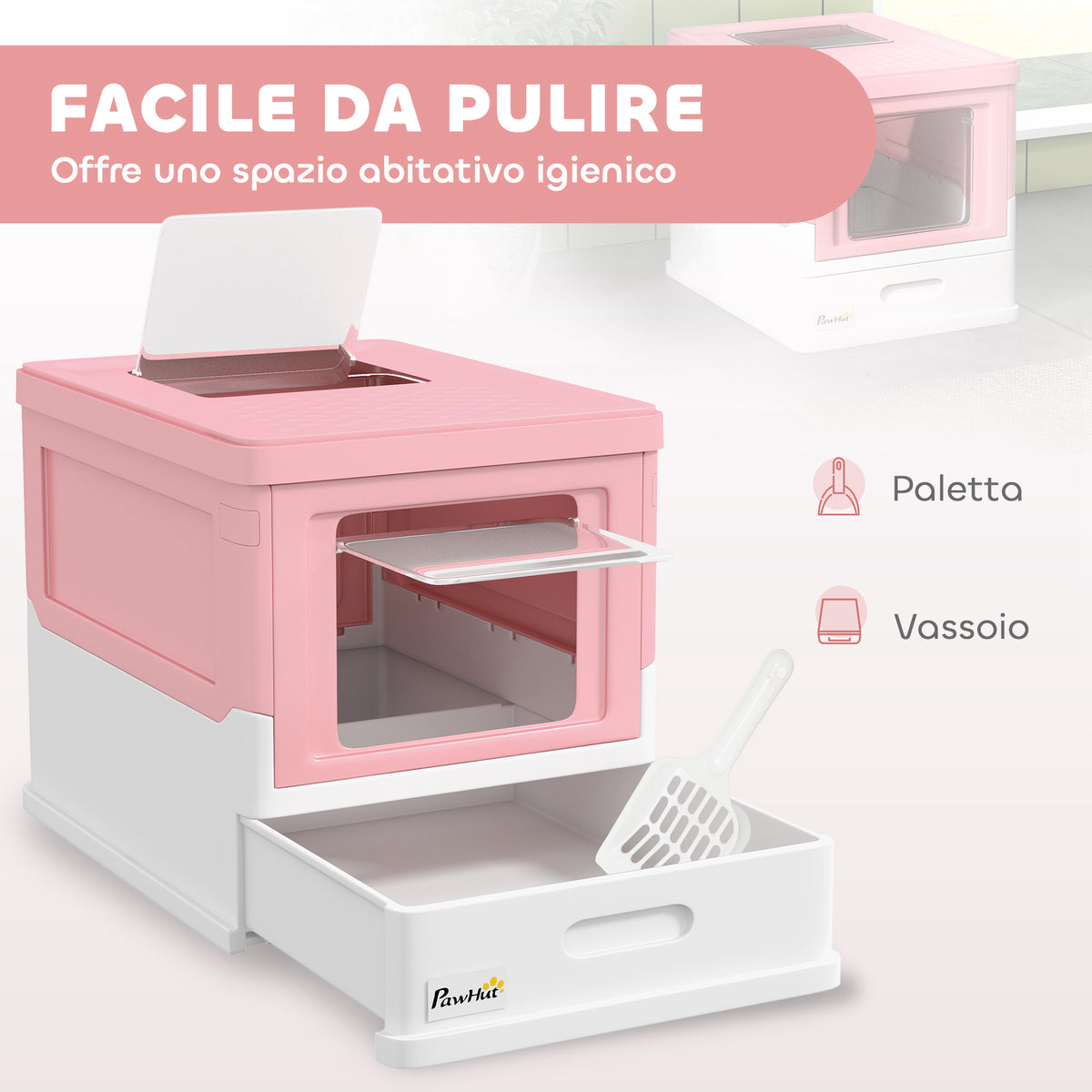 Lettiera per Gatti Chiusa in PP a 2 Porte con Paletta e Vassoio Estraibile, 47.5x35.5x36.7 cm, Rosa e Bianco