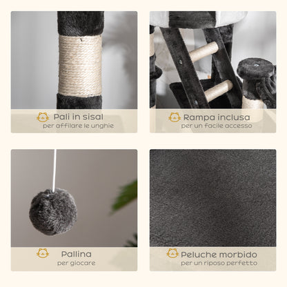 Tiragraffi per Gatti a Soffitto con Altezza Regolabile 240-260 cm, Albero Tiragraffi per Gatti Multilivello con Cucce, Amache e Scale, Corde in Sisal, Grigio Scuro e Bianco