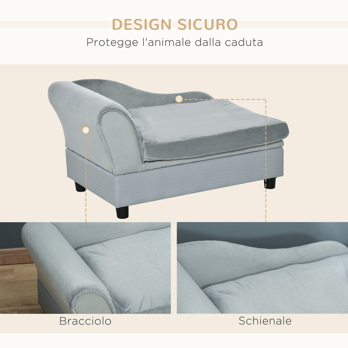 Divano per Cani con Spazio Portaoggetti e Cuscino, in Legno e Poliestere, 76x45x43 cm, Grigio Chiaro