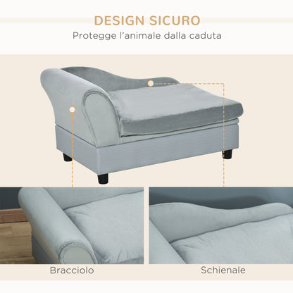 Divano per Cani con Spazio Portaoggetti e Cuscino, in Legno e Poliestere, 76x45x43 cm, Grigio Chiaro
