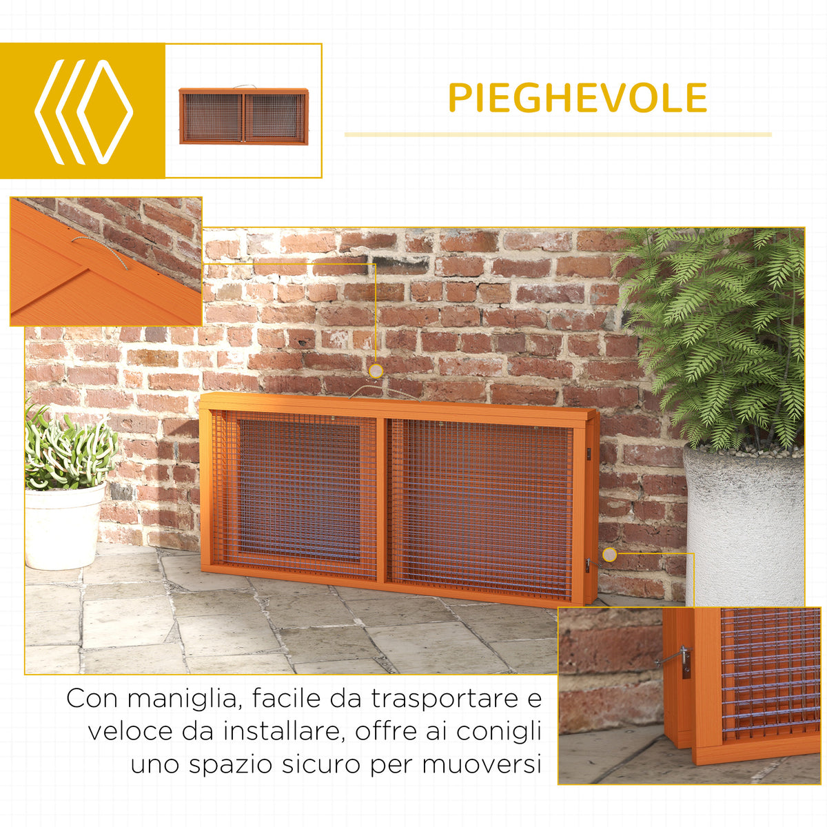 Conigliera da Esterno Pieghevole per 2-3 Roditori con Ingressi Multipli, in Legno e Acciaio, 110x105x50 cm, Arancione