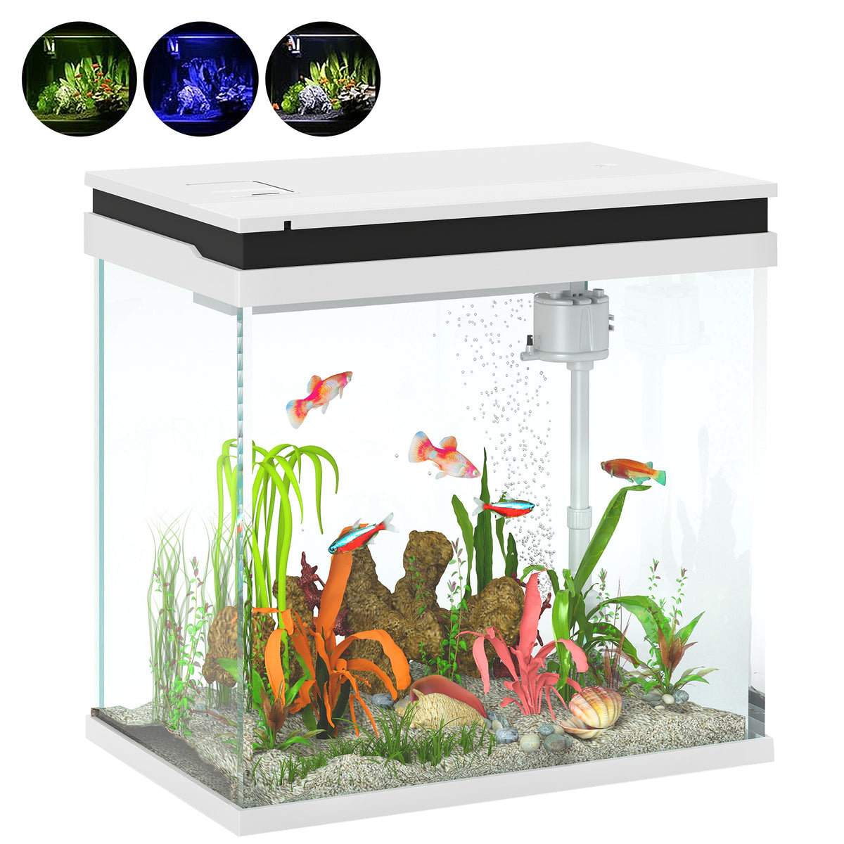Acquario per Pesci Rossi 26L con Luci LED, Sistema di Filtraggio e Pompa d'Acqua, 38x26x38 cm, Bianco