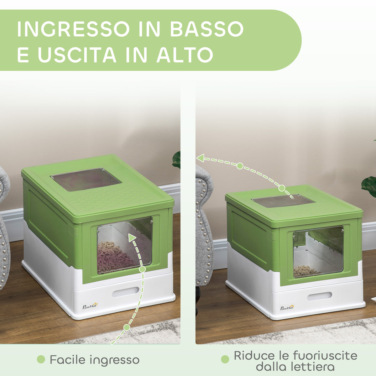 Lettiera per Gatti Chiusa con Paletta, Vassoio Estraibile e 2 Porte, 47.5x35.5x36.7cm, Verde Chiaro
