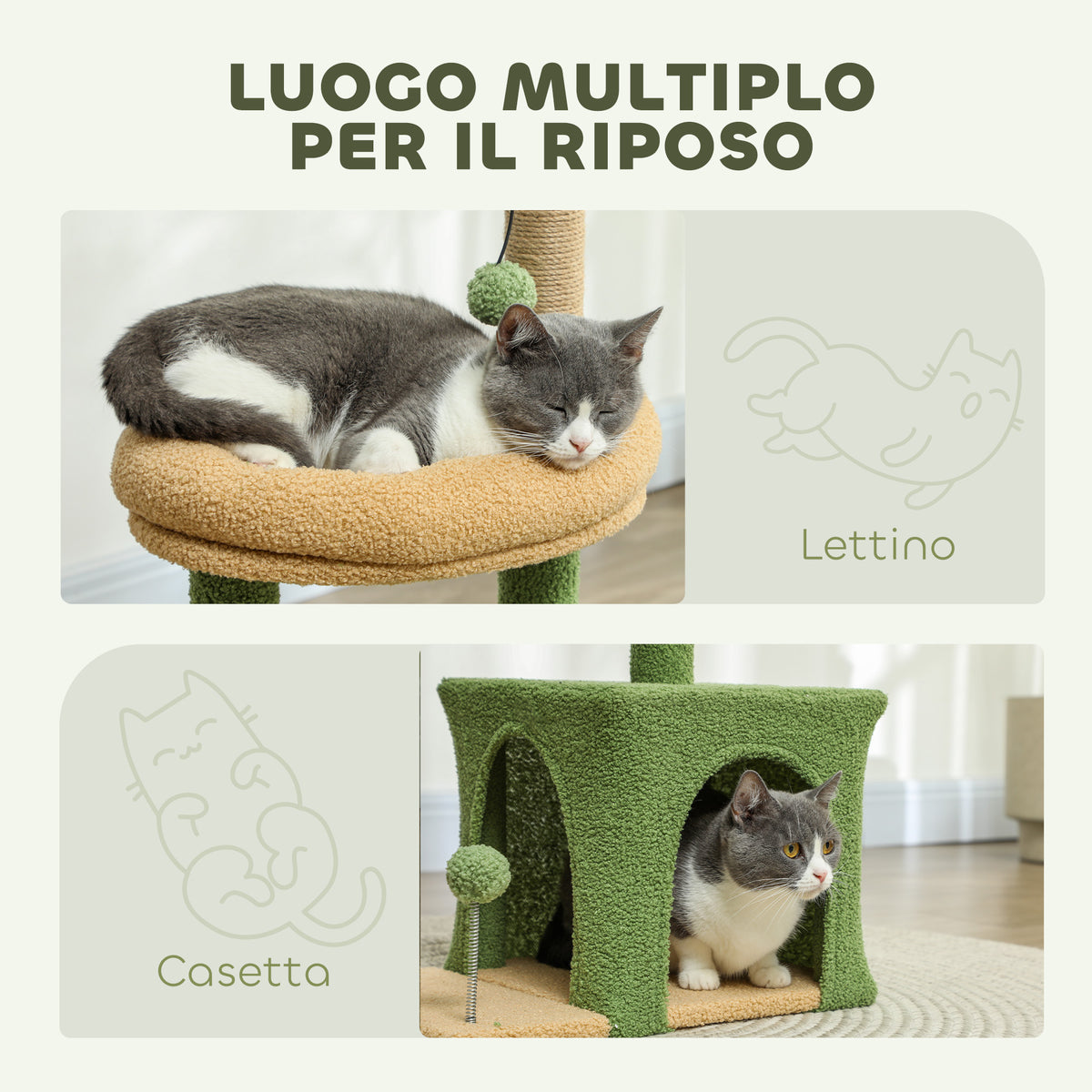 Albero Tiragraffi per Gatti con Casetta, Lettino e 2 Palline, in Legno e Poliestere, 44x30x98 cm, Verde e Marrone