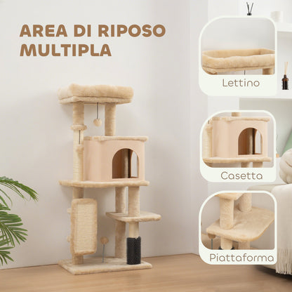 Albero per Gatti Multilivello Alto 132 cm con Casetta, Lettino, Pali Tiragraffi, Spazzola e Pallina, Beige