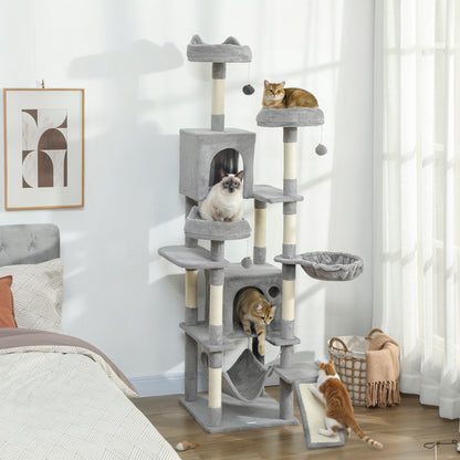 Albero Tiragraffi per Gatti con Scala, 2 Amache, 3 Posatoi, 2 Casette e 3 Piattaforme, 48x48x192 cm, Grigio e Crema