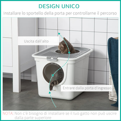 Lettiera per Gatti Chiusa a 2 Ingressi con Vassoio e Paletta, in Plastica PE, 44x55x39 cm, Bianco