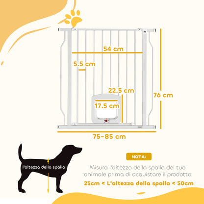 Cancello per Cani e Gatti Estensibile con Gattaiola Integrata, in Acciaio e ABS, 75-85x2x76 cm, Bianco