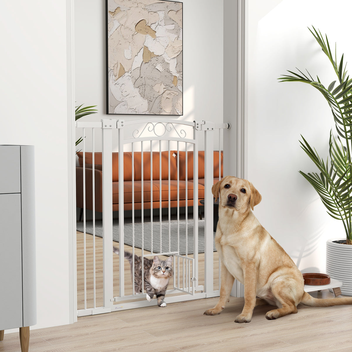 Cancellino per Cani Regolabile con Estensioni e Porta per Gatti, 76-104x106cm, Bianco