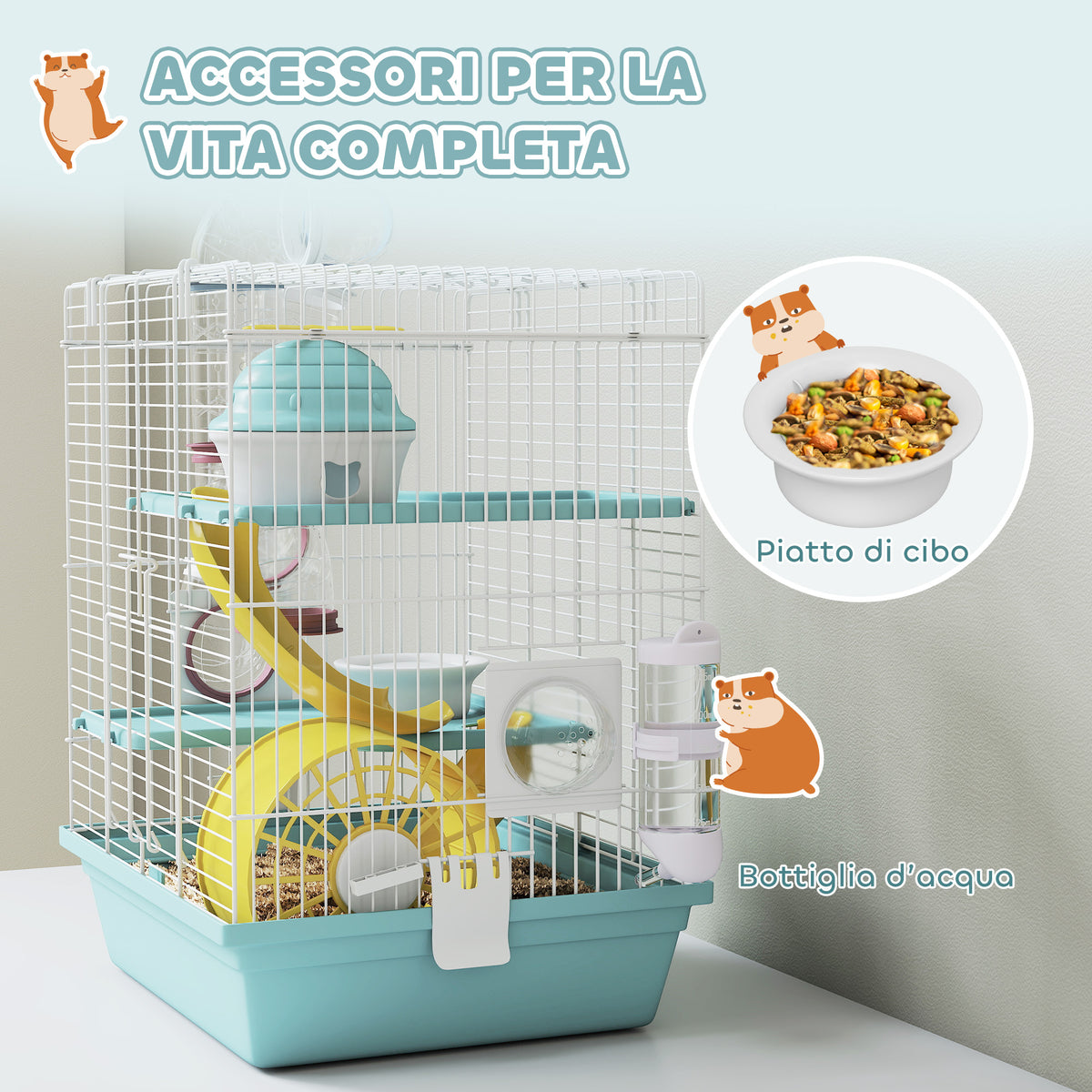 Gabbia per Criceti a 3 Livelli e 12 Tubi con Casetta, Rampa, e Accessori, in Metallo e Plastica, 34.5x27.5x41 cm, Grigio