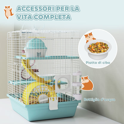 Gabbia per Criceti a 3 Livelli e 12 Tubi con Casetta, Rampa, e Accessori, in Metallo e Plastica, 34.5x27.5x41 cm, Grigio