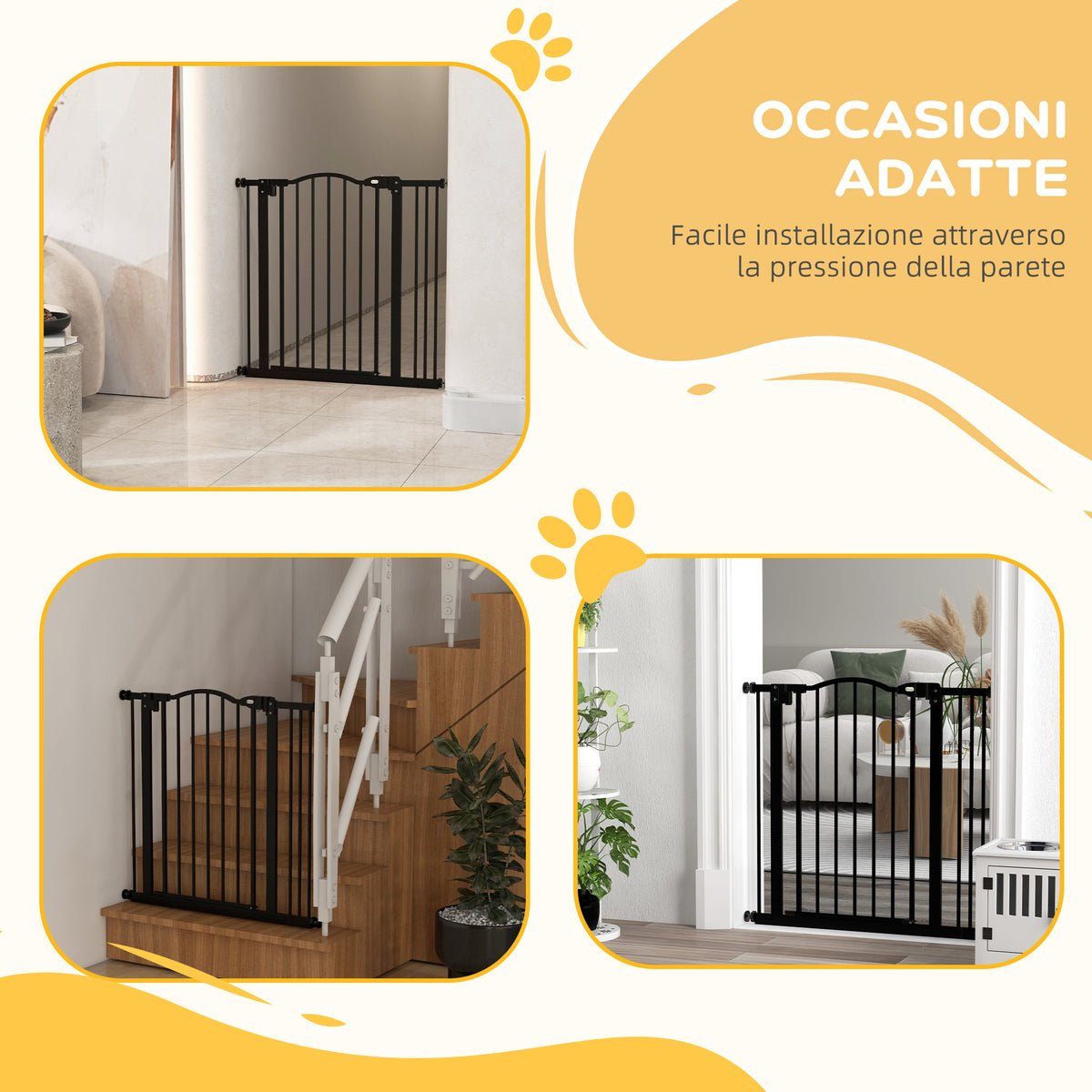 Cancelletto per Cani Estensibile con 2 Blocchi e Chiusura Automatica, in Metallo e Plastica, 74-87x78 cm, Nero