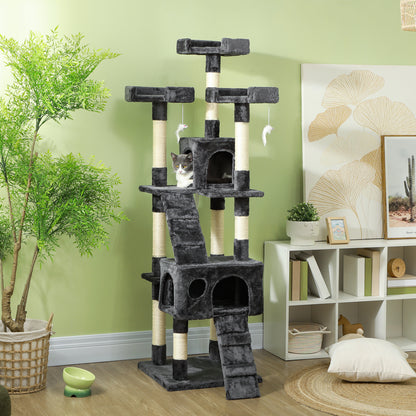 Albero Tiragraffi per Gatti con 3 Posatoi, 2 Casette e Giochi Appesi, in Legno e Peluche, 49x49x173 cm, Grigio