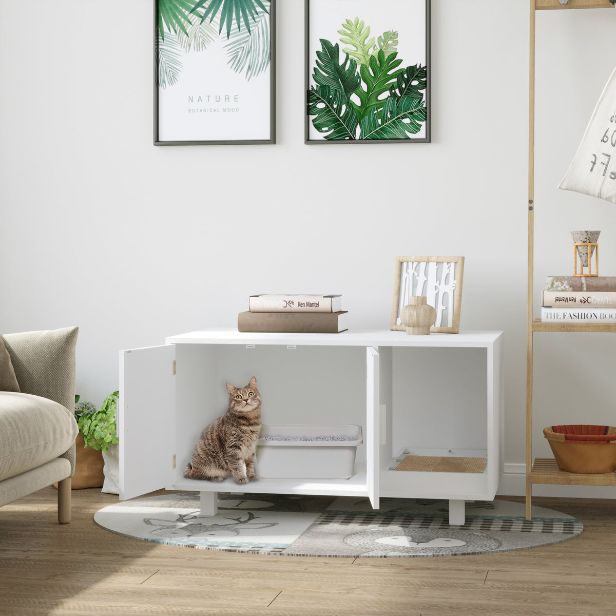 Mobile per Lettiera Gatti in Legno con 2 Ante e Apertura Laterale con Tiragraffi, Bianco