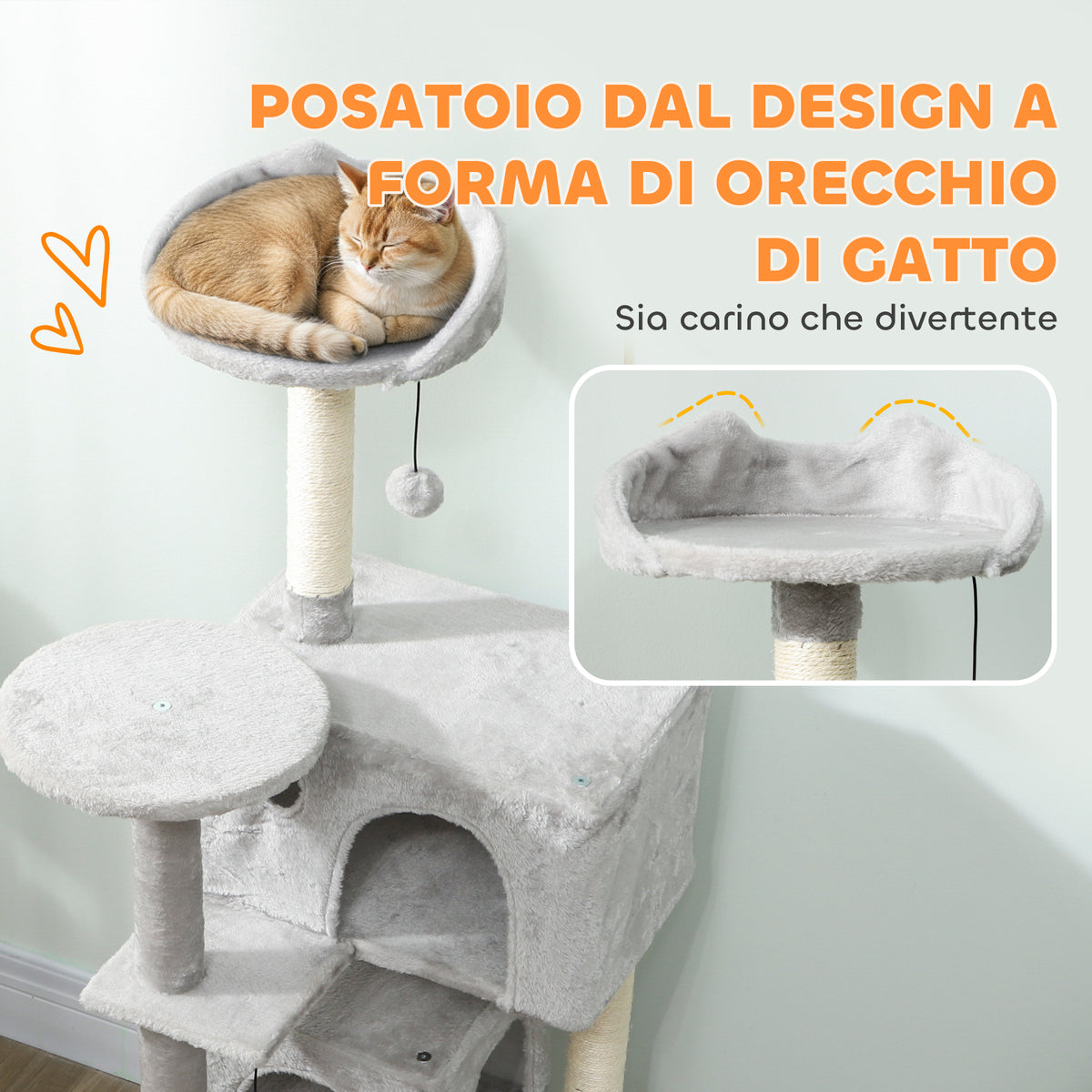 Albero Tiragraffi per Gatti Alto 140 cm con 2 Casette, Amaca, Lettino e Pali in Sisal, Grigio