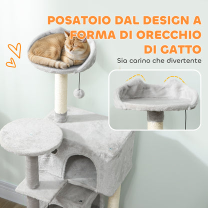Albero Tiragraffi per Gatti Alto 140 cm con 2 Casette, Amaca, Lettino e Pali in Sisal, Grigio