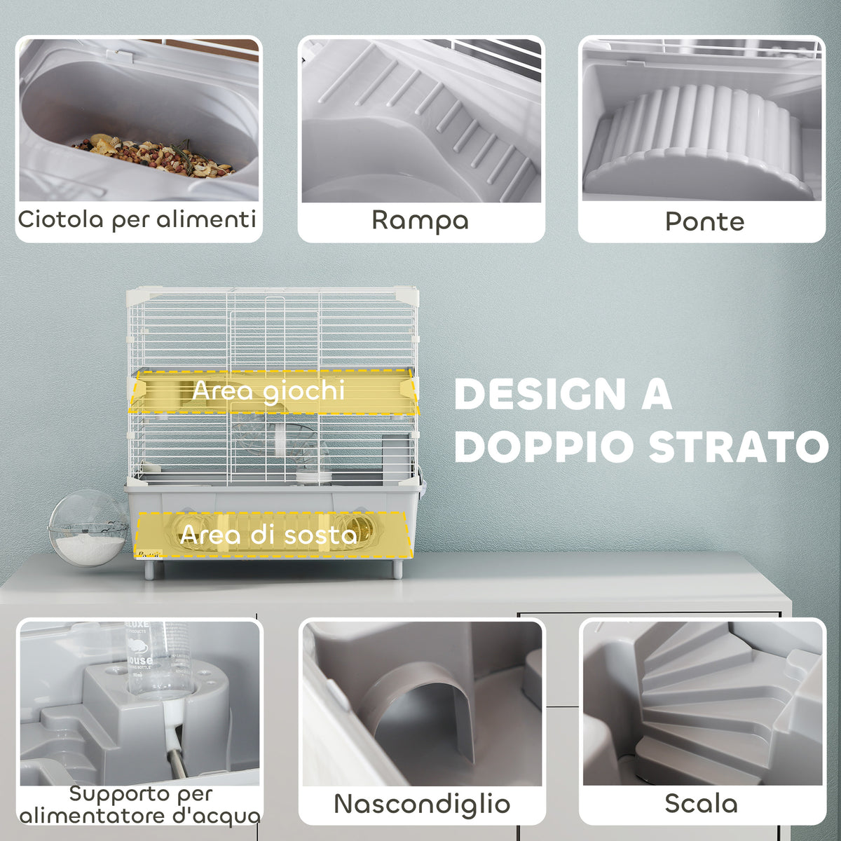 Gabbia per Criceti a 2 Livelli e 3 Porte con Ruota e Tubi, in Acciaio, PS e PP, 44.5x28x44 cm, Grigio e Bianco