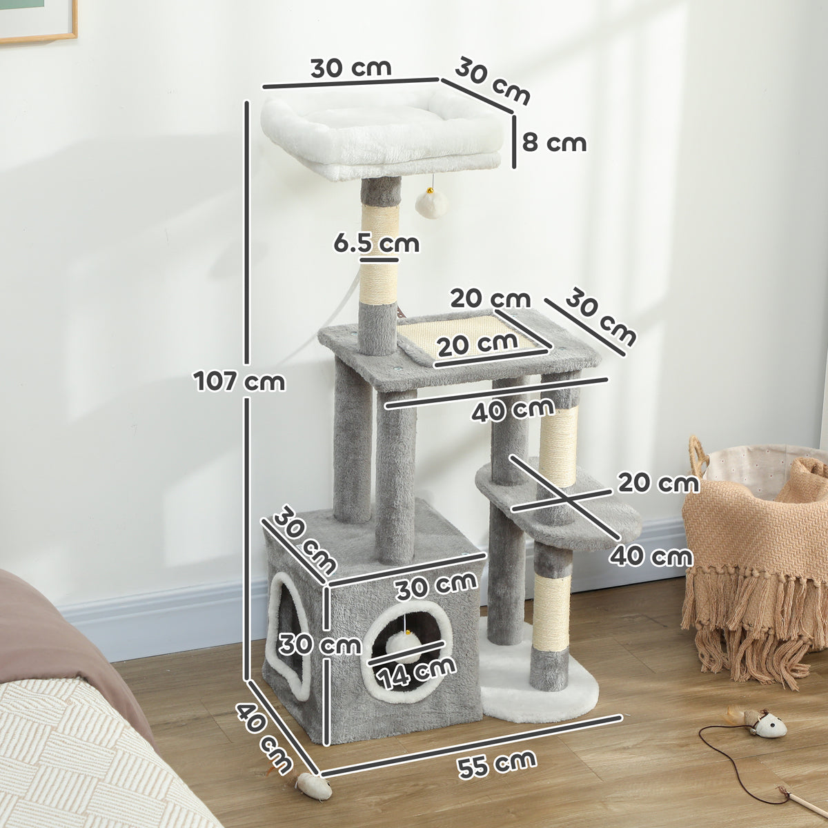Albero Tiragraffi per Gatti con Casetta, Lettino e 2 Palline, in Legno e Peluche, 55x40x107 cm, Grigio e Bianco