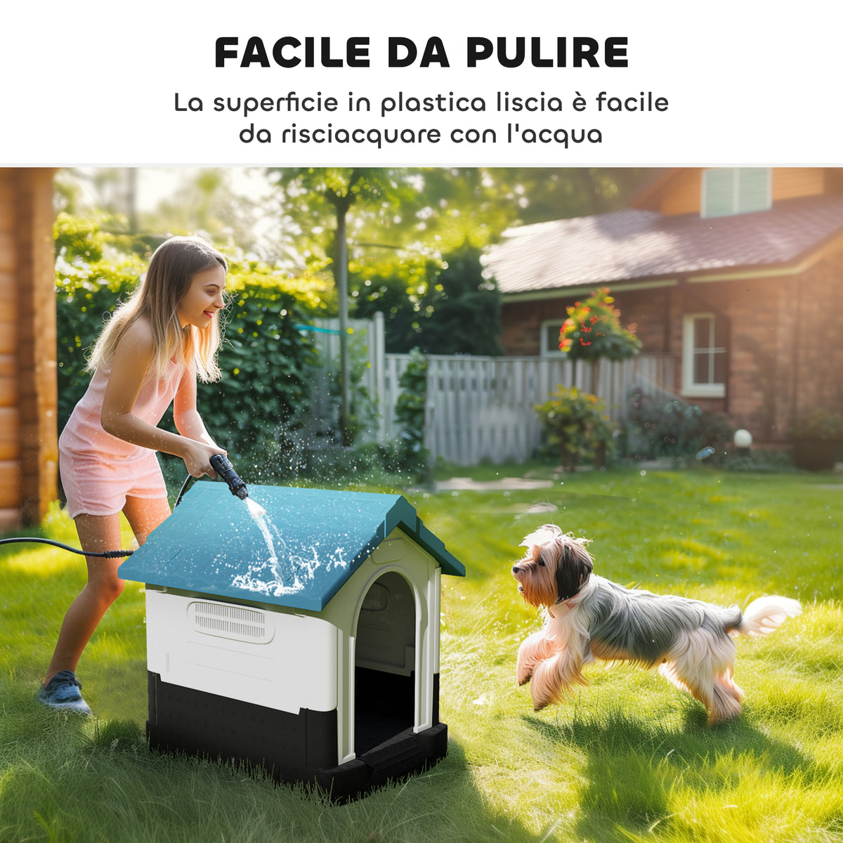 Cuccia per Cani Piccoli da Esterno in Plastica con Finestre e Base Rialzata, 64.5x57x66 cm, Blu