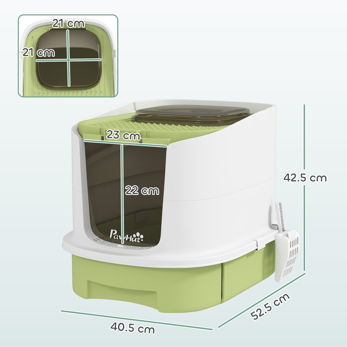 Lettiera per Gatti Chiusa con 2 Porte, Vassoio Estraibile, Paletta e Deodorante, in PP, 40.5x52.5x42.5 cm, Verde