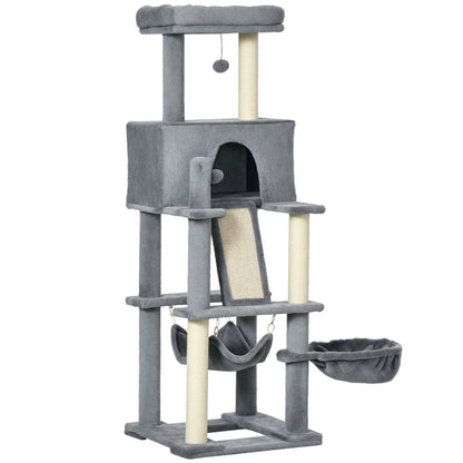 Albero Tiragraffi per Gatti con Pali in Sisal, Casetta, Lettino e Amache, 48x48x140cm, Grigio