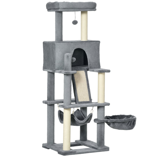 Albero Tiragraffi per Gatti con Pali in Sisal, Casetta, Lettino e Amache, 48x48x140cm, Grigio