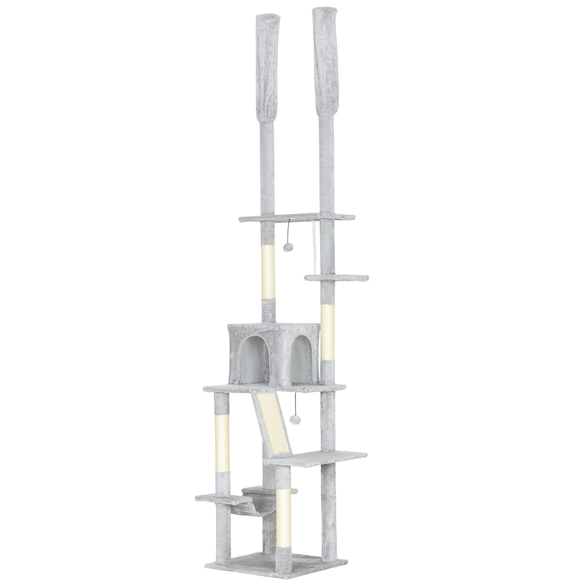 Albero Tiragraffi a Soffitto con Altezza Regolabile 225-255 cm con Casetta e Amaca, Grigio Chiaro