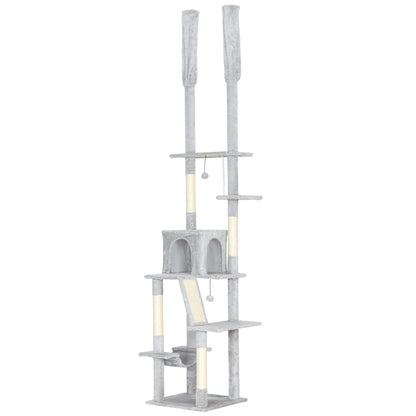 Albero Tiragraffi a Soffitto con Altezza Regolabile 225-255 cm con Casetta e Amaca, Grigio Chiaro