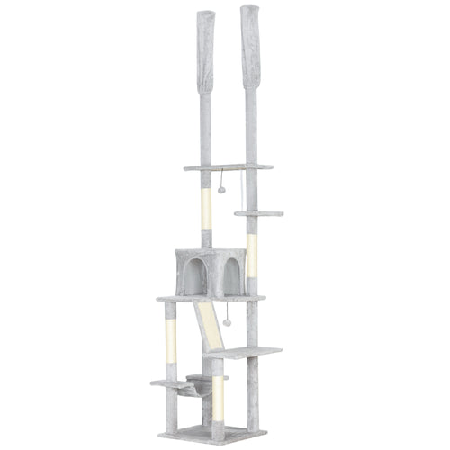 Albero Tiragraffi a Soffitto con Altezza Regolabile 225-255 cm con Casetta e Amaca, Grigio Chiaro