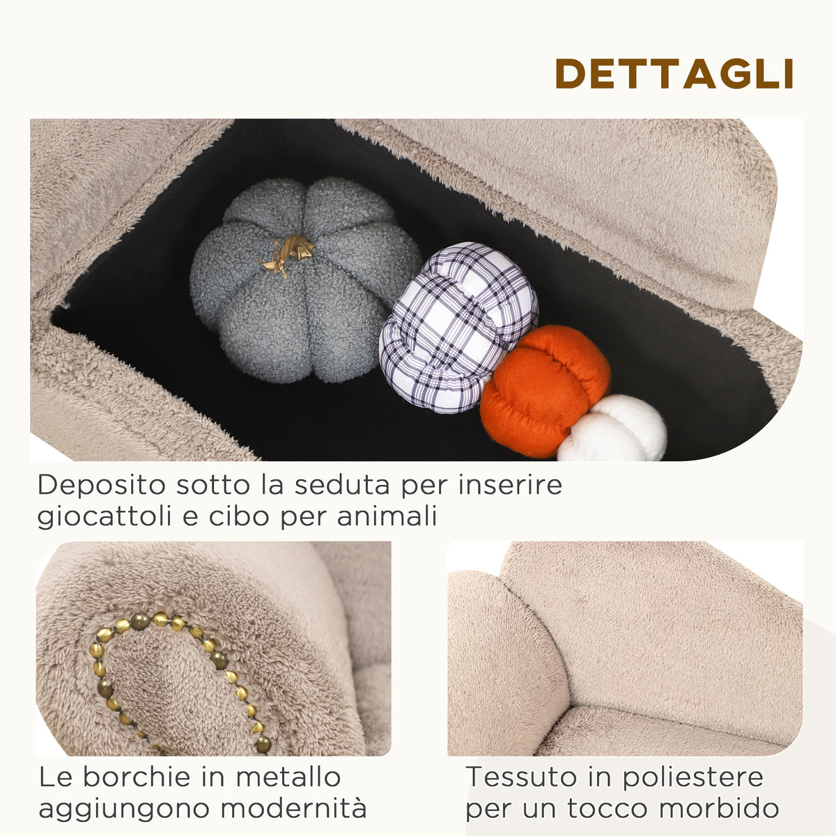 Divano per Cani Rialzato con Spazio Portaoggetti a Scomparsa, in Legno e Tessuto Vellutato, 80x40x46 cm, Beige