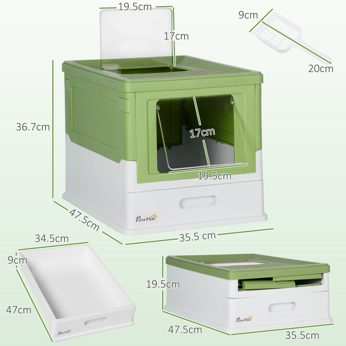 Lettiera per Gatti Chiusa con Paletta, Vassoio Estraibile e 2 Porte, 47.5x35.5x36.7cm, Verde Chiaro