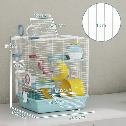 Gabbia per Criceti a 3 Livelli e 12 Tubi con Casetta, Rampa, e Accessori, in Metallo e Plastica, 34.5x27.5x41 cm, Grigio