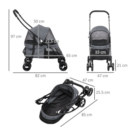 Passeggino per Cani Pieghevole con Tettuccio Regolabile, Borsa e 2 Guinzagli, 82x47x97 cm, Grigio e Nero