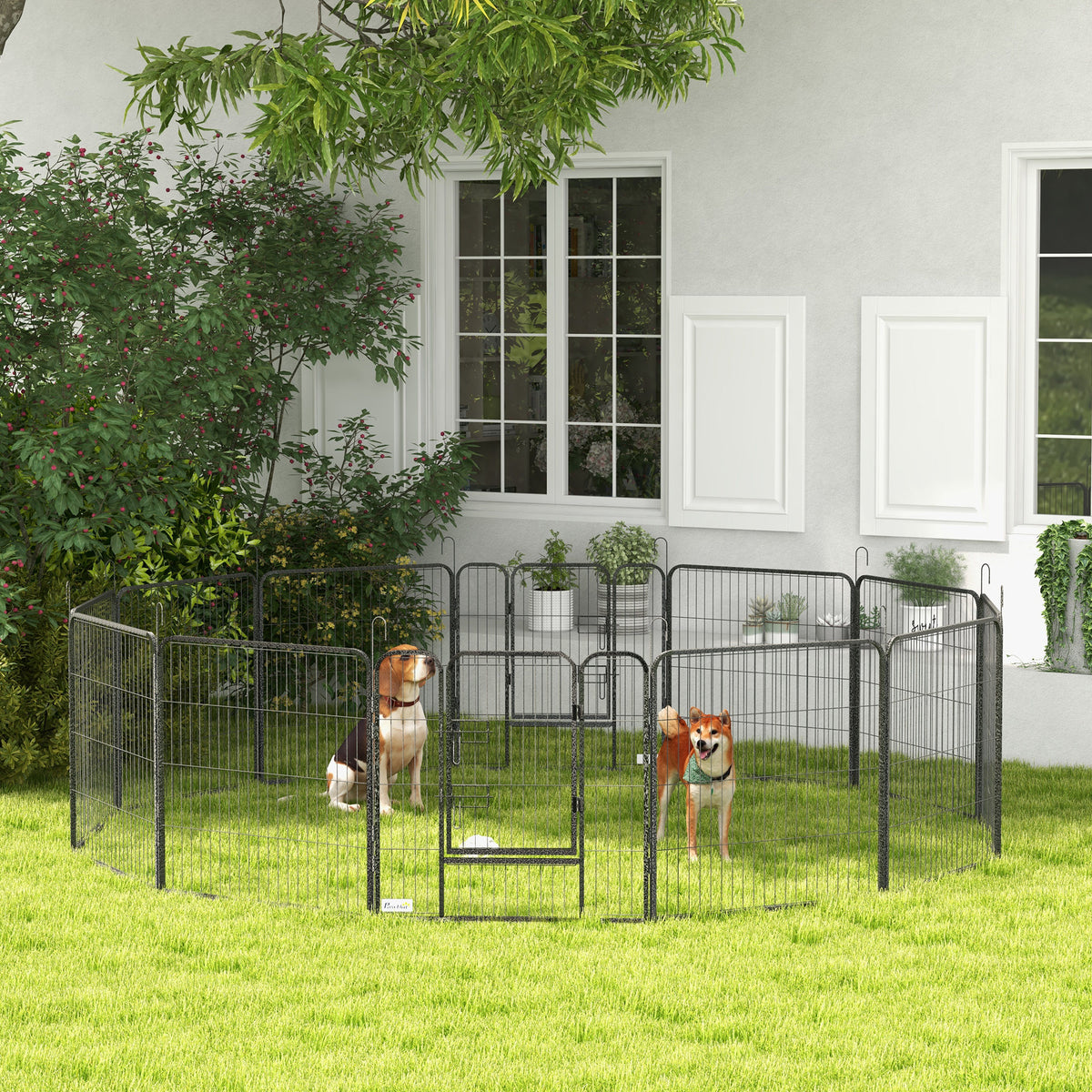 Recinto per Cani a 12 Pannelli Modulabili da 80x1.5x80 cm, Pieghevole con Porta in Acciaio, 12 Picchetti, Grigio