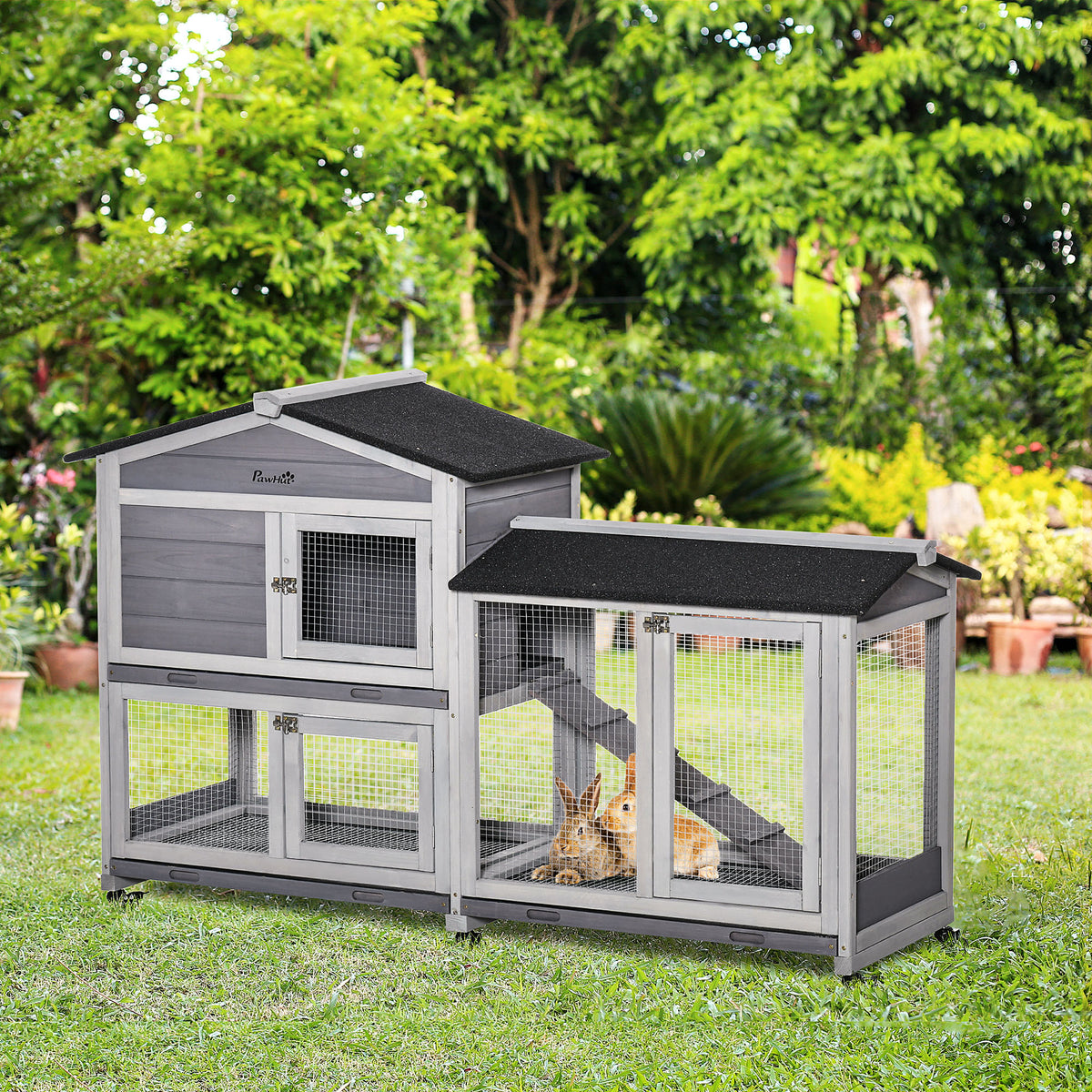 Conigliera a 2 Livelli con Rete Protettiva e Rotelle in Legno e Metallo, 157.4x53x99.5 cm, Grigio