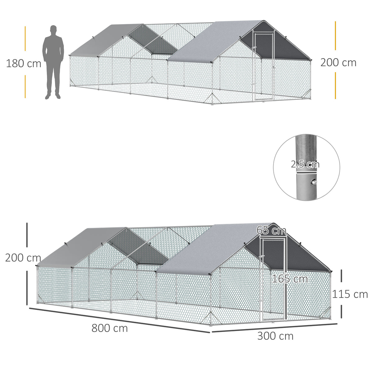 Pollaio da Giardino con Telaio Zincato, Copertura Impermeabile e Rete Esagonale, 3x8x2 m, Argento