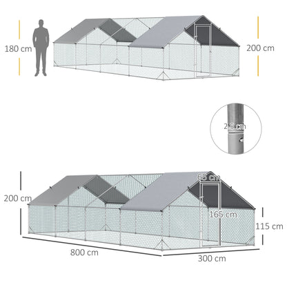 Pollaio da Giardino con Telaio Zincato, Copertura Impermeabile e Rete Esagonale, 3x8x2 m, Argento