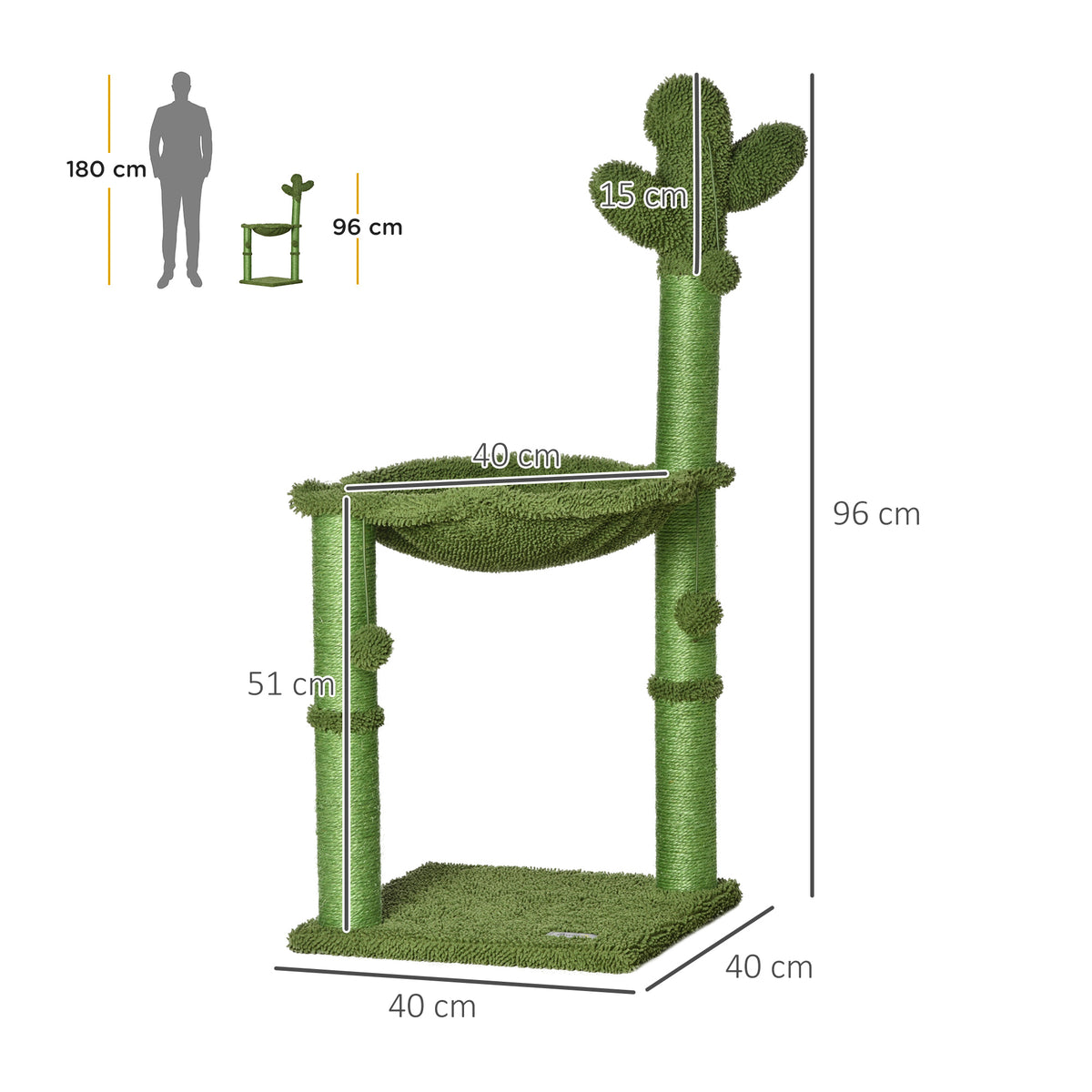 Albero Tiragraffi per Gatti fino 4.5kg a Forma di Cactus con Palline e Amaca, 40x40x96cm - Verde