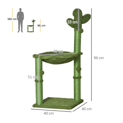 Albero Tiragraffi per Gatti fino 4.5kg a Forma di Cactus con Palline e Amaca, 40x40x96cm - Verde