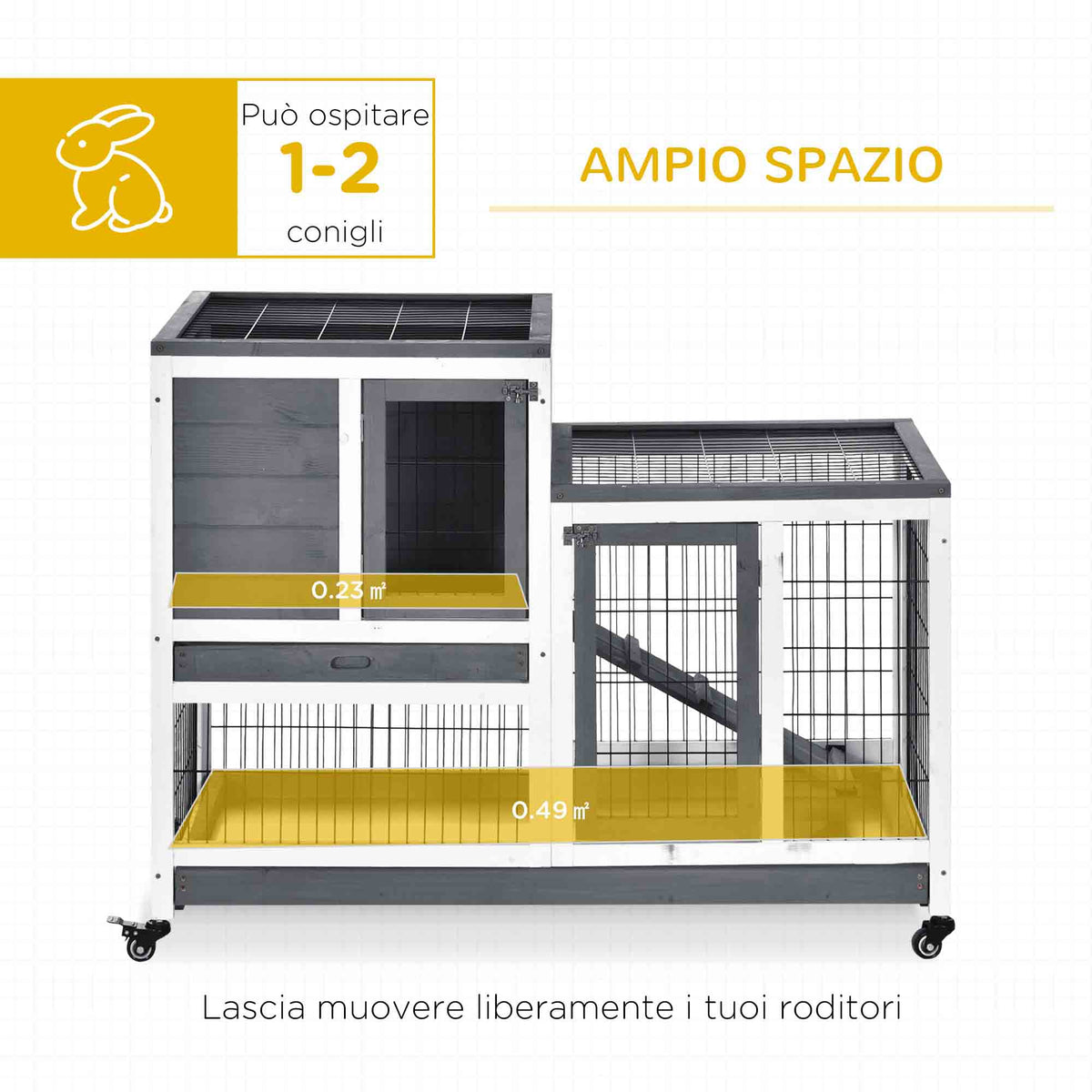 Conigliera in Legno con Ruote, Vassoi Estraibili e Casetta con Rampa, 110x50x88 cm, Grigio e Bianco