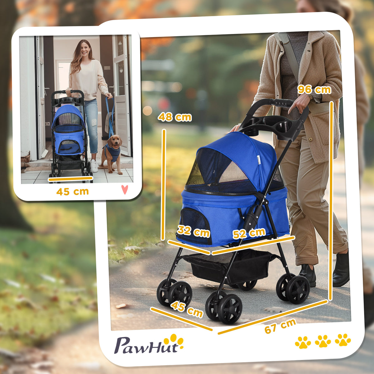 Passeggino per Cani Pieghevole con Guinzaglio di Sicurezza e Cestino Portaoggetti, Blu
