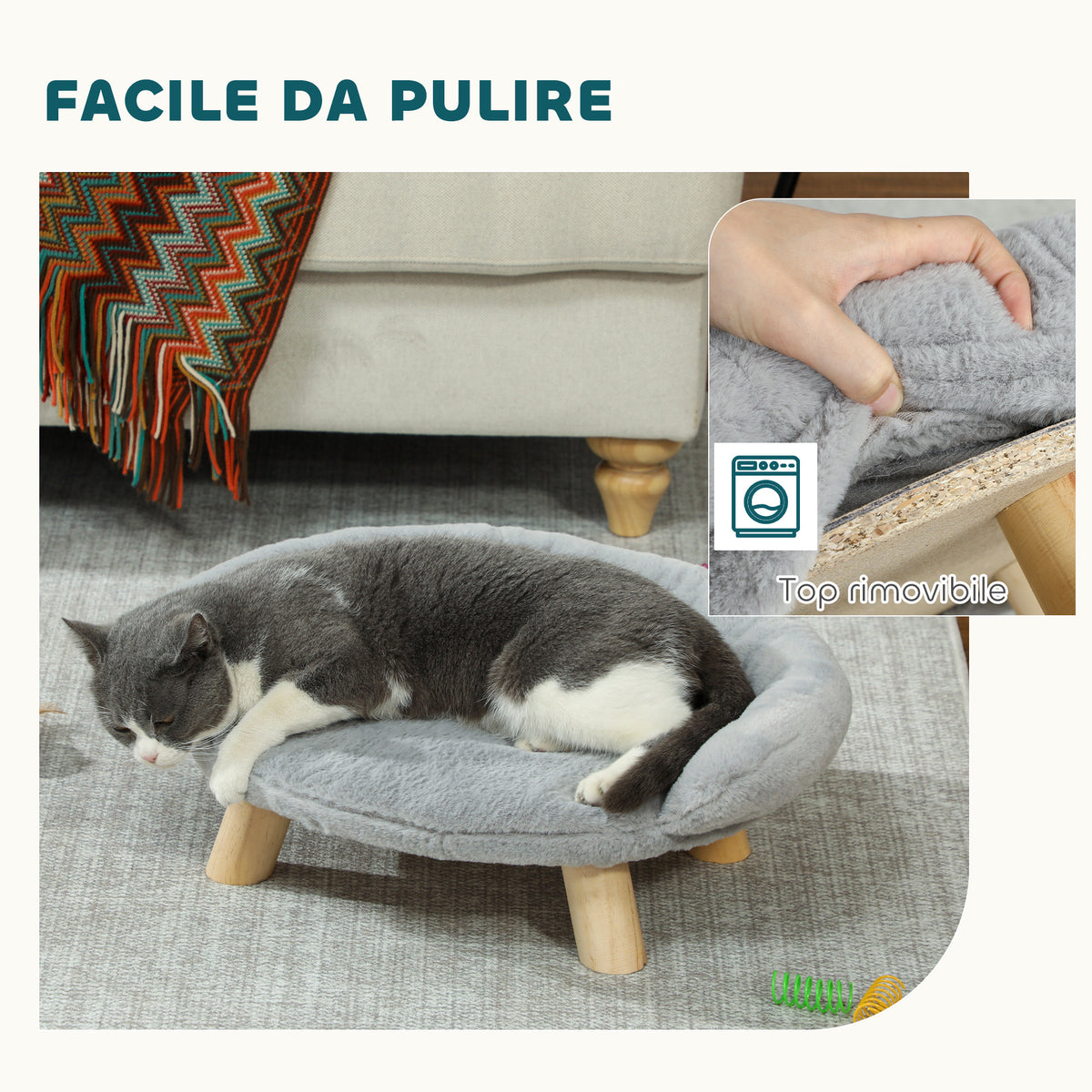 Cuccia Divanetto per Cani e Gatti Sfoderabile in Peluche con Schienale, 47x40x20 cm, Grigio