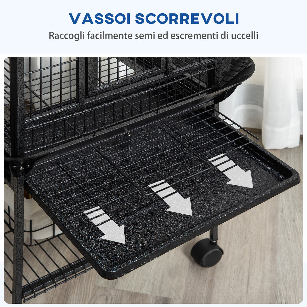Gabbia per Pappagallini con 2 Posatoi e Scala ad Arco, in Acciaio, 62.5x62.5x156 cm, Grigia