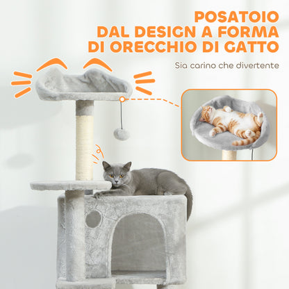 Albero Tiragraffi per Gatti con 2 Casette, Amaca, Lettino e Pali in Sisal, 48x48x160 cm, Grigio