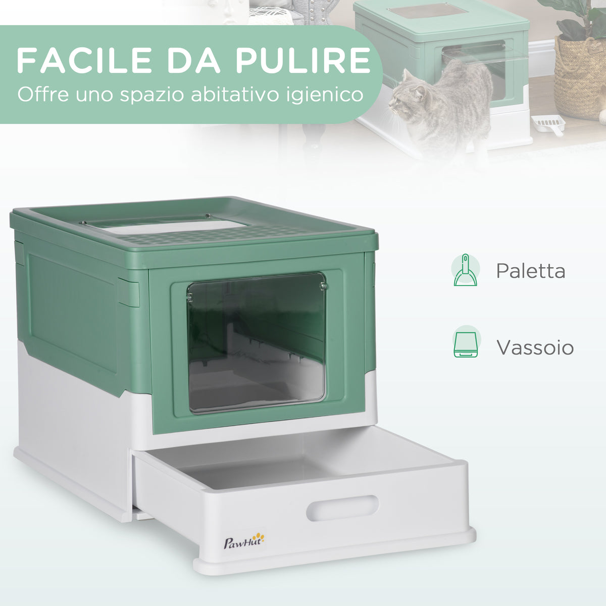 Lettiera per Gatti Chiusa con Paletta, Vassoio Estraibile e 2 Porte, 47.5x35.5x36.7cm, Verde