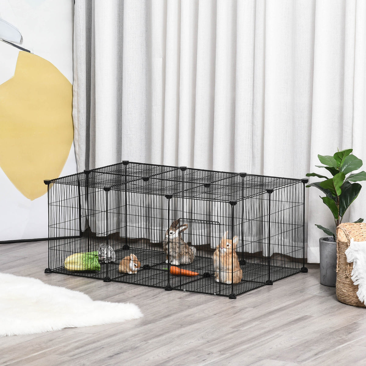 Gabbia per Conigli e Piccoli Animali, 22 Pannelli Modulabili in Metallo con Porta, Nero, 105 x 70 x 45cm