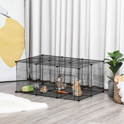 Gabbia per Conigli e Piccoli Animali, 22 Pannelli Modulabili in Metallo con Porta, Nero, 105 x 70 x 45cm