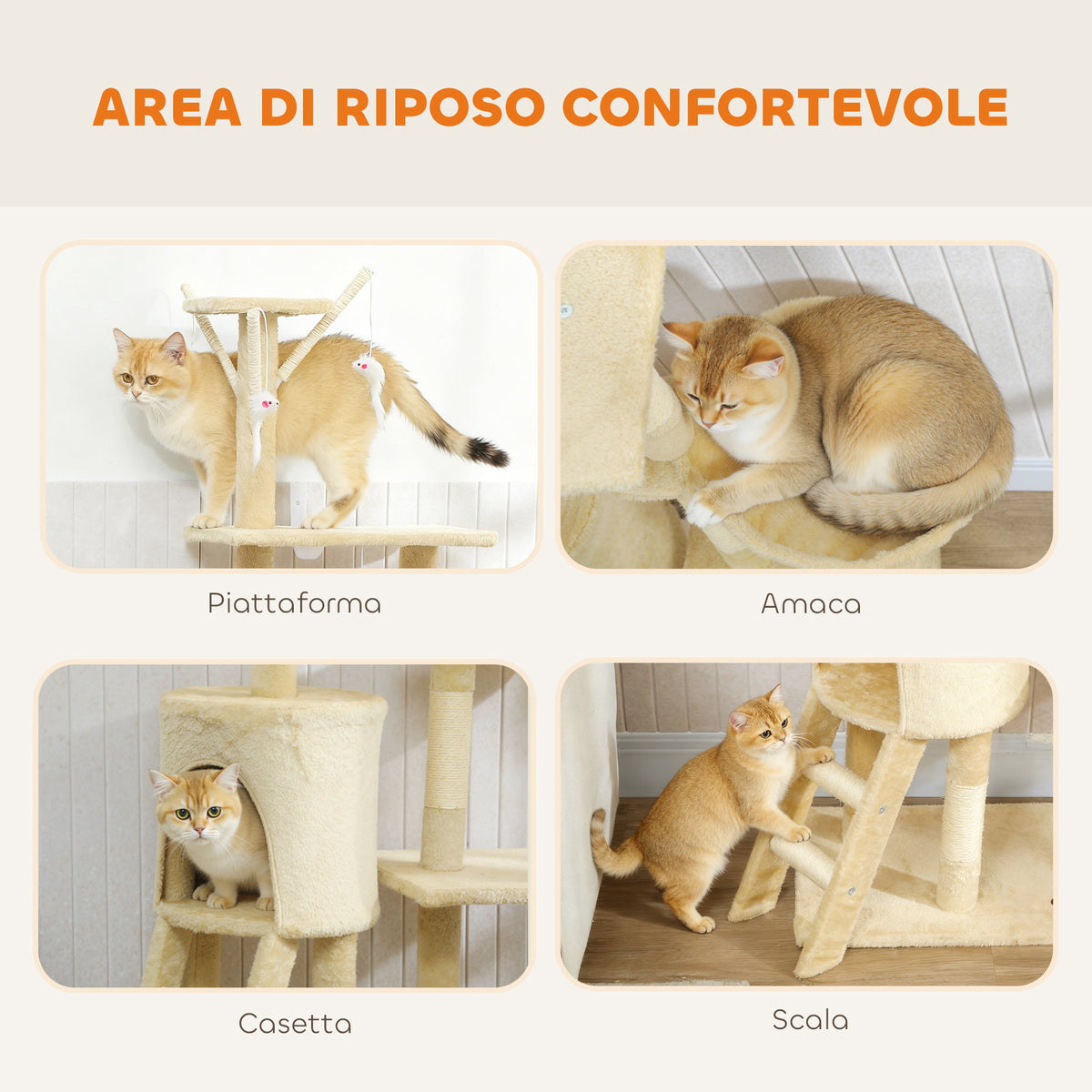 Torre per Gatti con Casetta, Trespolo, Piattaforme e 4 Topolini Appesi, 60x35x134 cm, Beige