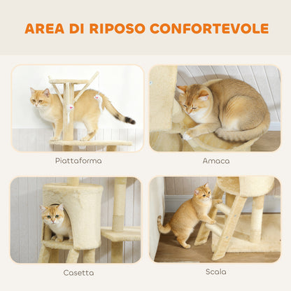 Torre per Gatti con Casetta, Trespolo, Piattaforme e 4 Topolini Appesi, 60x35x134 cm, Beige